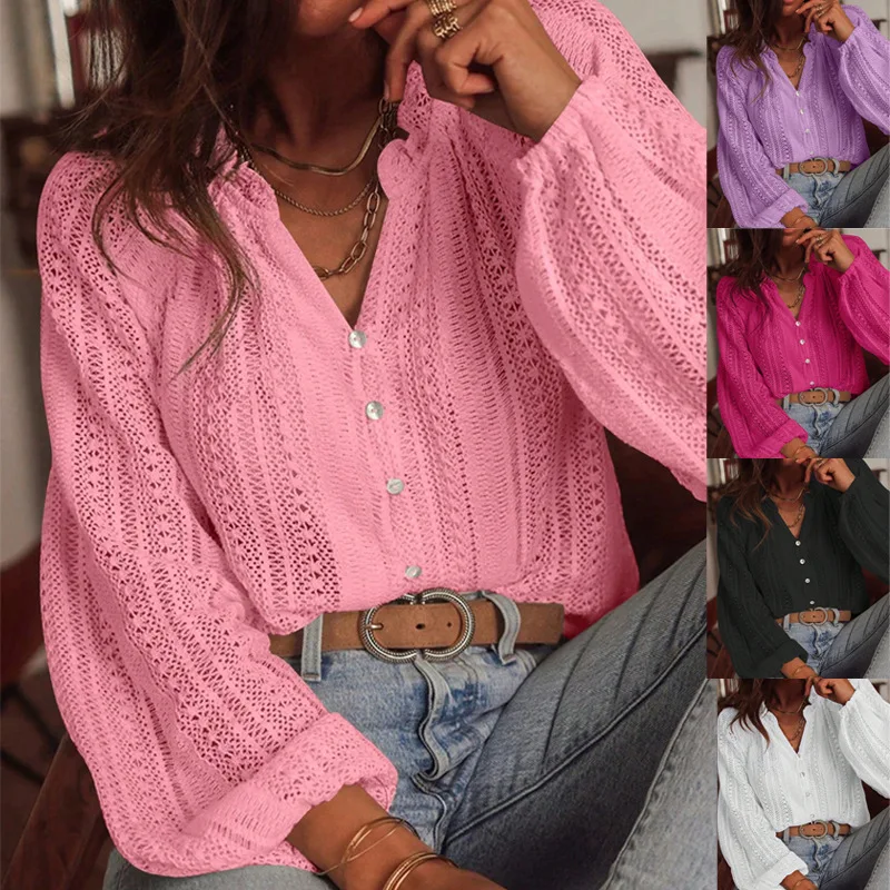 

Elegant Women's Tops Shirts 2025 Autumn New Loose Fashionable Hollow Lace Long Sleeve Shirt Рубашка Белая Женская Топ Жіночний