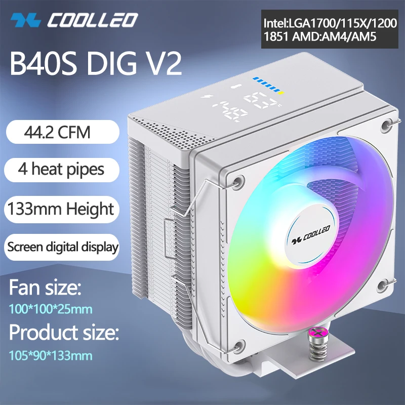 COOLLEO B40S DIG V2 4 Heat Pipes CPU Cooler Intelligent Temperature Display Radiator Air Cooler For LGA1700 115X AMD AM4 AM5