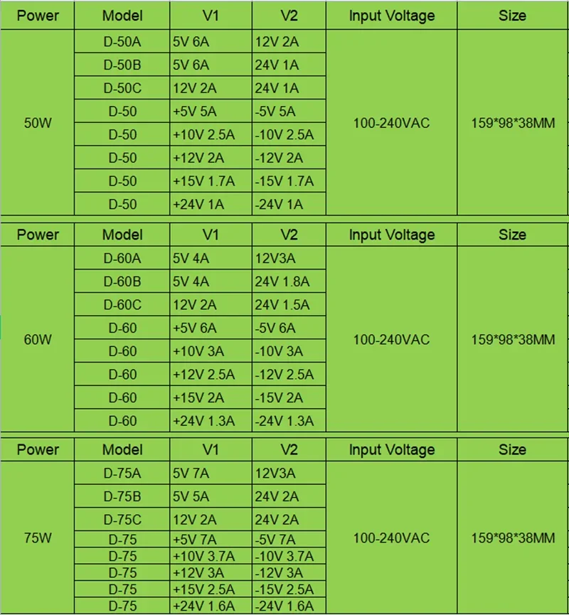 50W 60W 75W Dual Power supply D-60A 60B 60C +5V-5V +10V-10V +12V-12V +15-15V +24V-24V AC-DC Switch Power Supply D-50 D-75