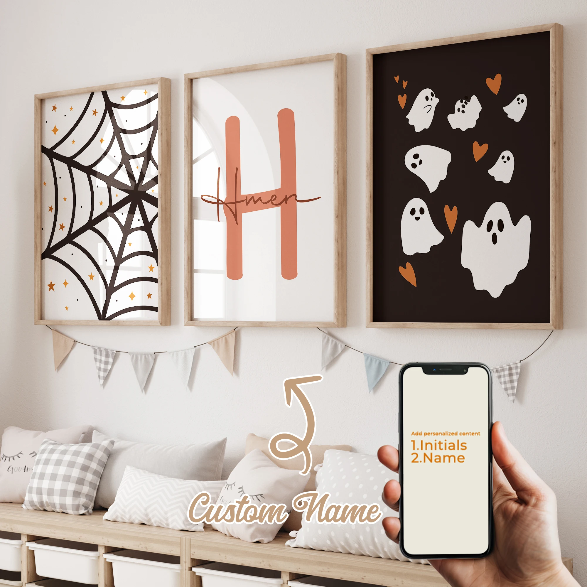 

3 Pcs Personalized Custom Name Ghost Wall Art Printmaking Canvas Painting Poster Picture For Halloween Living Room Home Decor