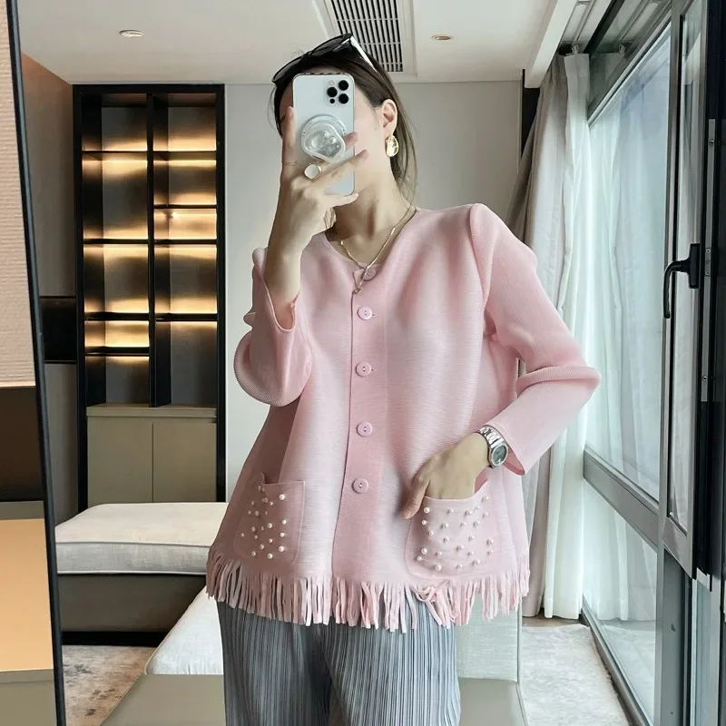 

Miyake Pleated 2024 Autumn New Item, Pleated Nail Bead Fashionable Loose Cardigan Jacket, Elegant and Versatile Top for Women