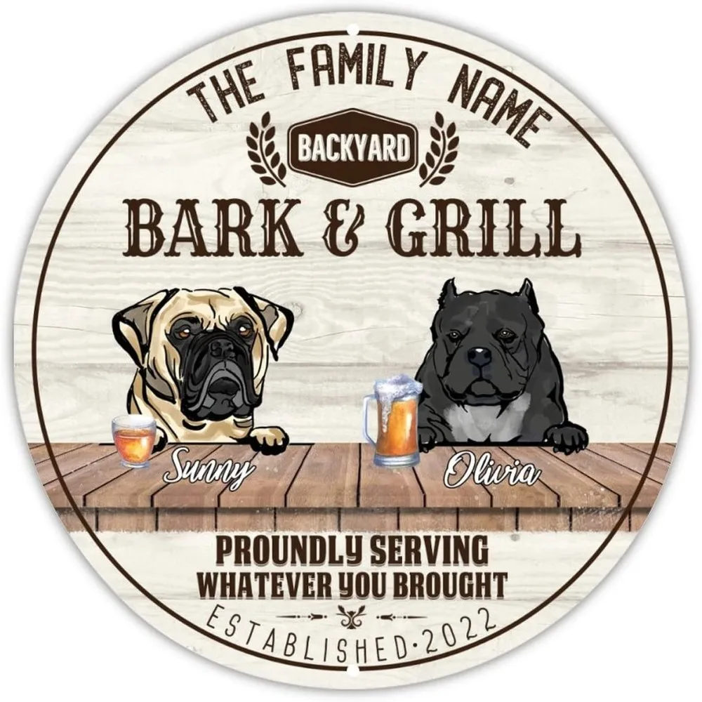 CIFbuy Custom Dog Names Vintage Round Metal Plaque,Backyard Barbecue Pet Wall Ornament Gift (For Decoration Only)