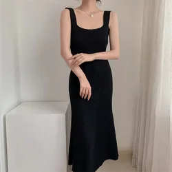 Sexy Slim Knit Midi Dress Women Korean Fashion Sleeveless Ribbed Sling Bodycon Dress Y2K Summer Thin Streetwear Long Dress