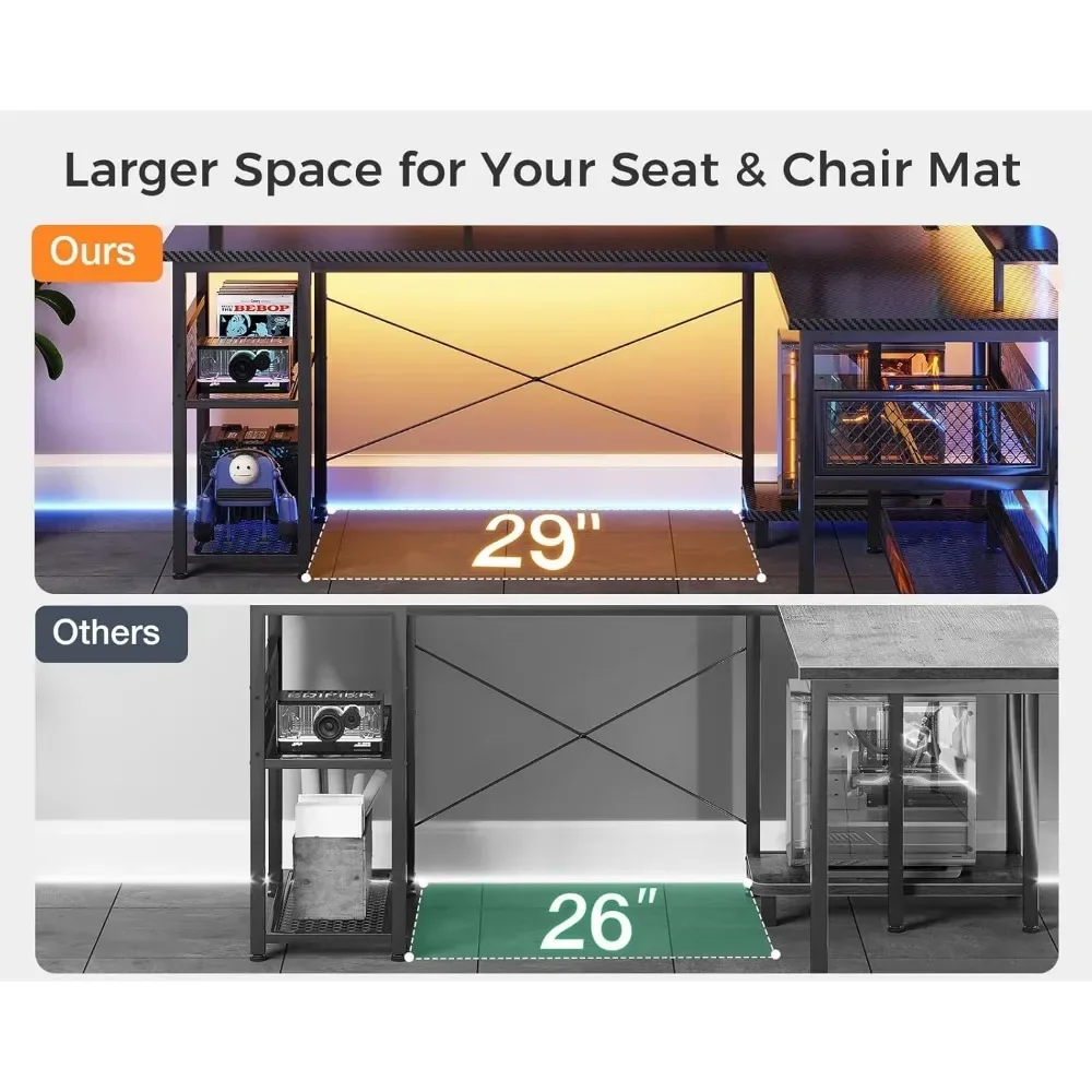 Gaming Desk 59" L Shaped with Power Outlet and LED Lights, with USB Ports with Storage Shelves & Monitor Stand Gaming Table