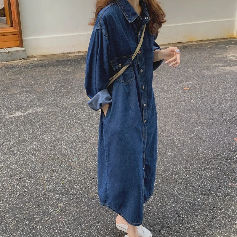 

Shirt Dress Women Casual Long-sleeved Blue Denim Dress Pocket Elegant Denim Fashion Slim Denim Dress 2024 New Autumn and Winter