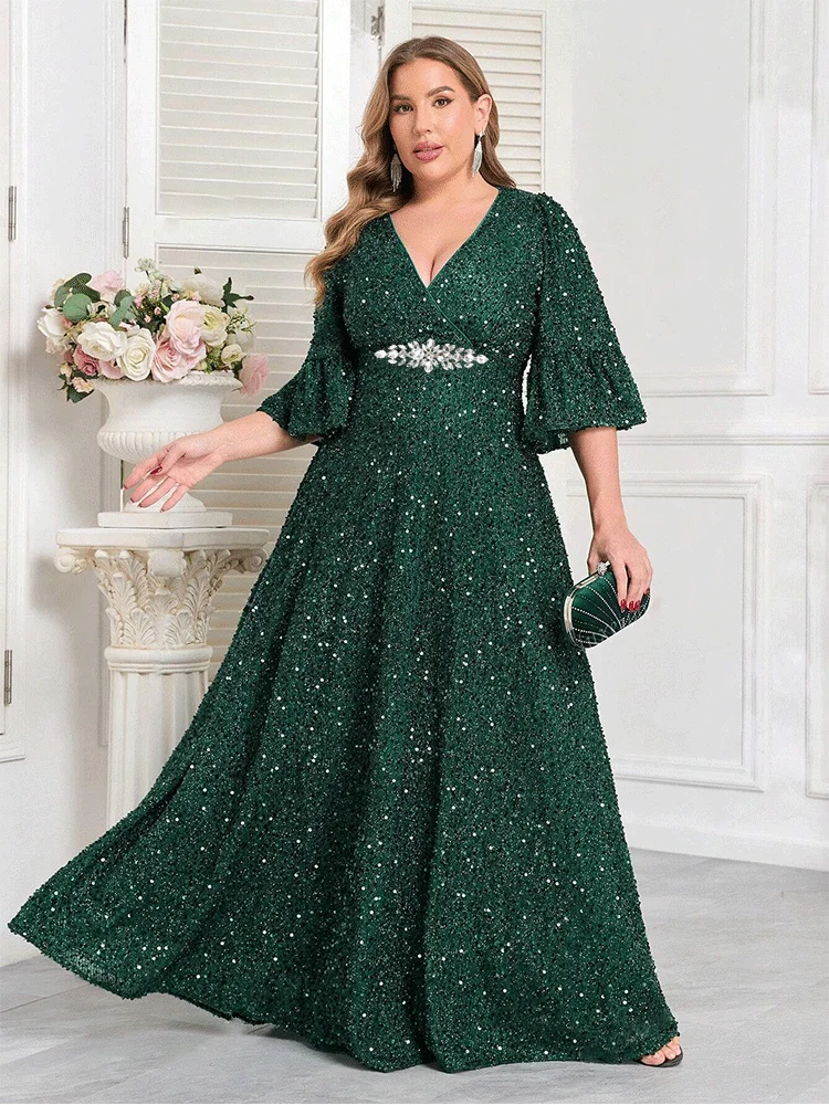 Plus Size V Neck Short Sleeve Floor-length Kind Sequin Evening Dress 4XL 5XL BigSize Wedding Banquet Floor-length Prom Gowm