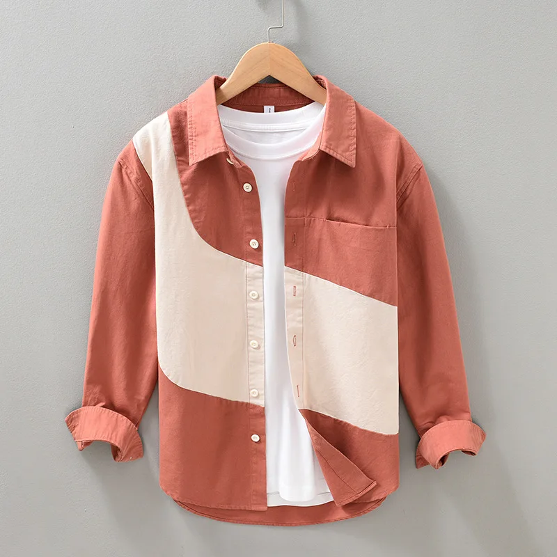 

Men's Long Sve irt Spring New Sle Retro Design Pure Cotton Casual irt Trendy Workwear Patchwork Color Blo American...