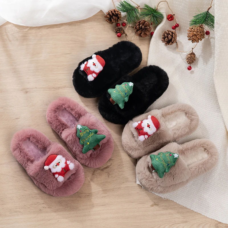 

Children Warm Plush Slippers Christmas Gift Trendy for Kids Fashion Shoes 2025 Winter New Girls Flip Flops Open Toes Soft Sweet