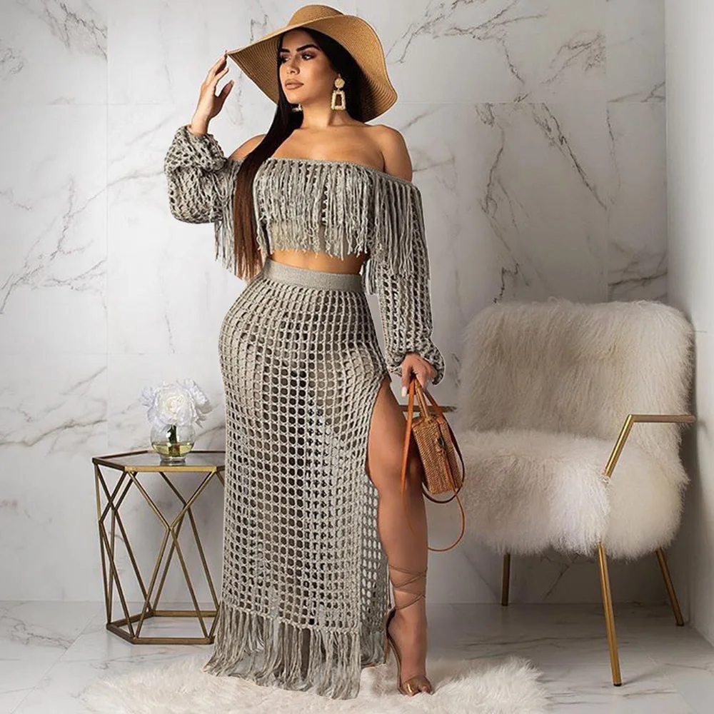 Spring Women's Set Casual Mesh One-Line Shoulder Jacket And Fringe Beach Skirt Set Stylish Temperament Lady's Two-Piece Set