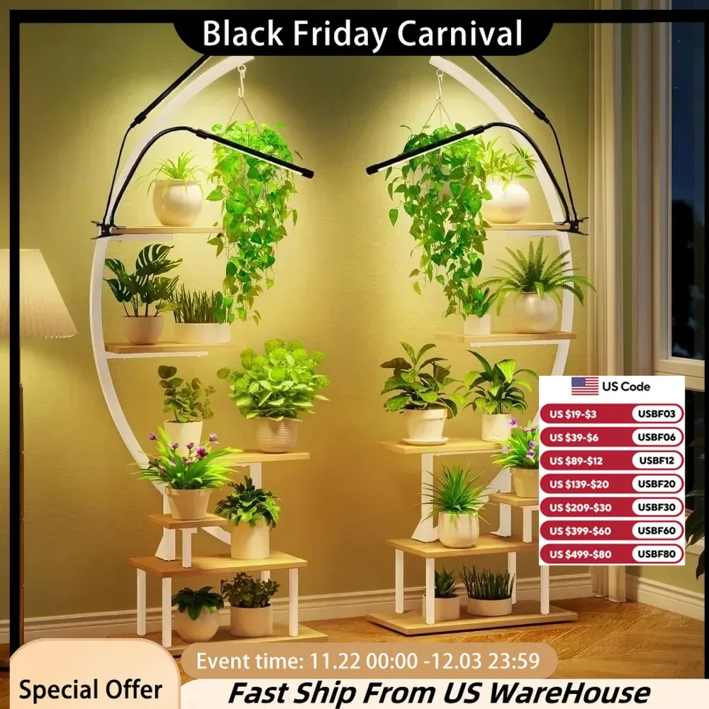 

Plant Stand with Grow Lights, Half Moon 7 Tiered Metal Plant Shelf , Multiple Tier Curved Ladder Flower Pot Stands Display Rack