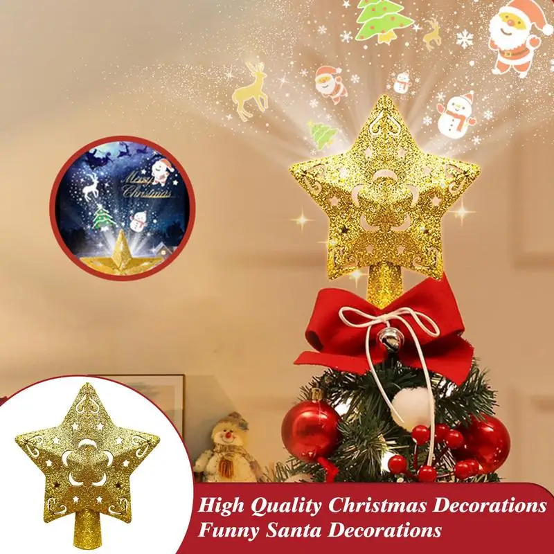 

Rotating Christmas Tree Toppers Glittered Star Topper With 5 Projected Patterns Christmas Decoration Pentagram Santa Tree Topper