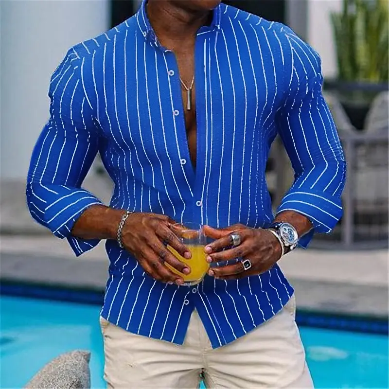 Men\'s Casual Shirt Buttoned Summer T-Shirt Blue Clover Long Sleeve Striped Lapel Daily Resort Wear Stylish and Comfortable 6XL