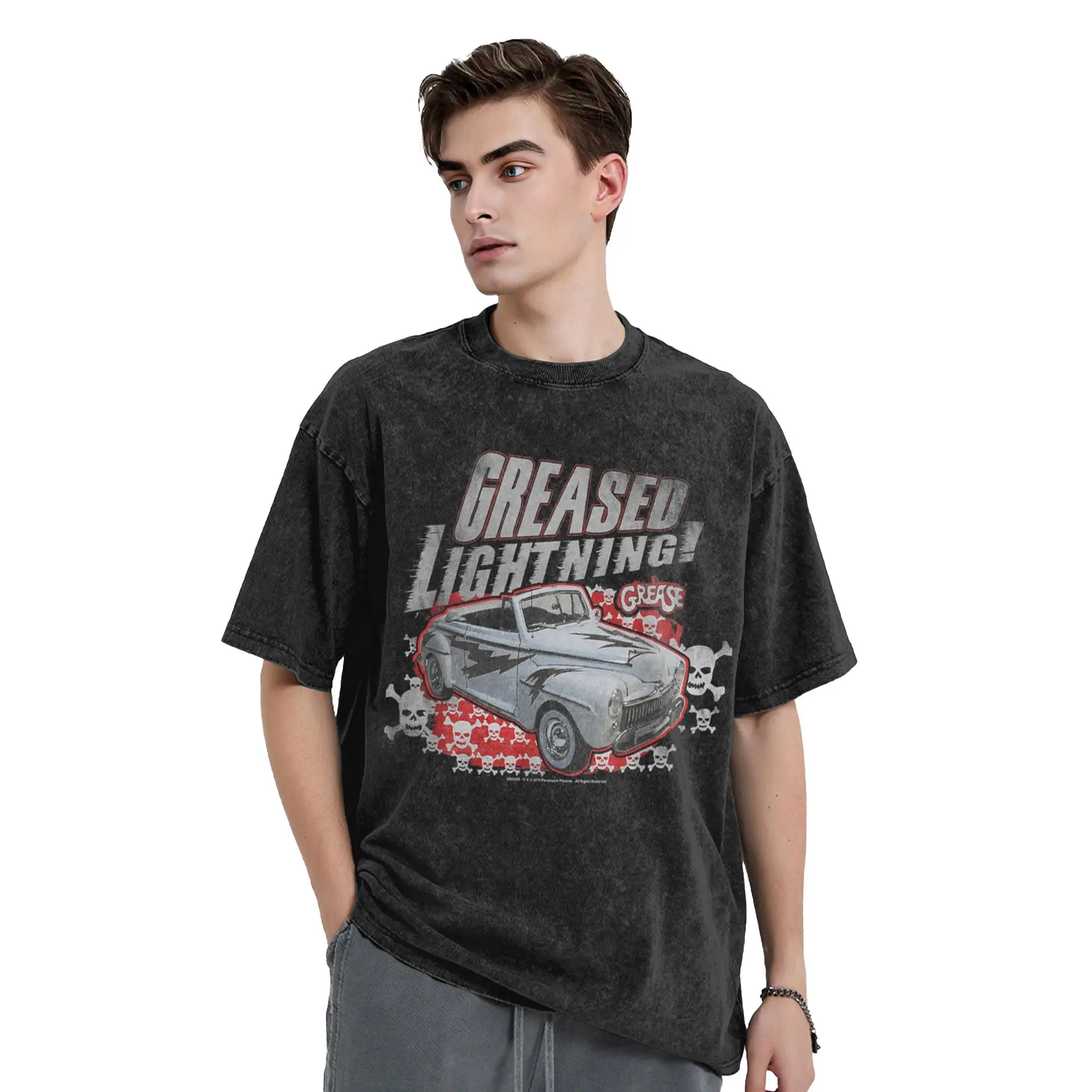 Grease Greased Lightening Men's T Shirts Washed  Funny Tees Short Sleeve Crew Neck T-Shirt Cotton Plus Size Tops