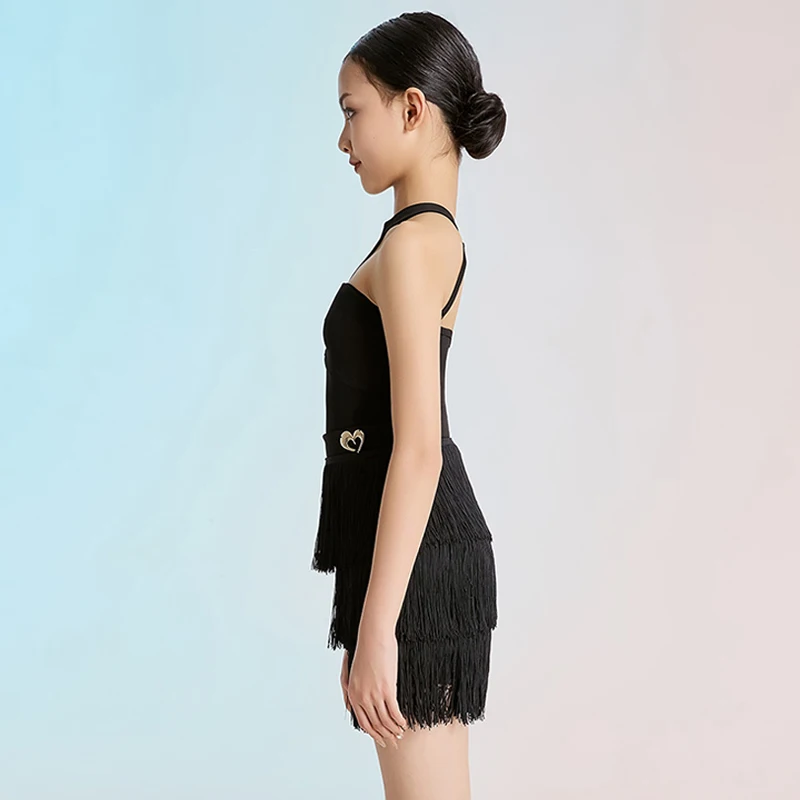 子供ラテンダンス衣装女の子チャチャサンバサルサパフォーマンス服ホルターボディスーツフリンジスカートラテントレーニングダンスウェア2080