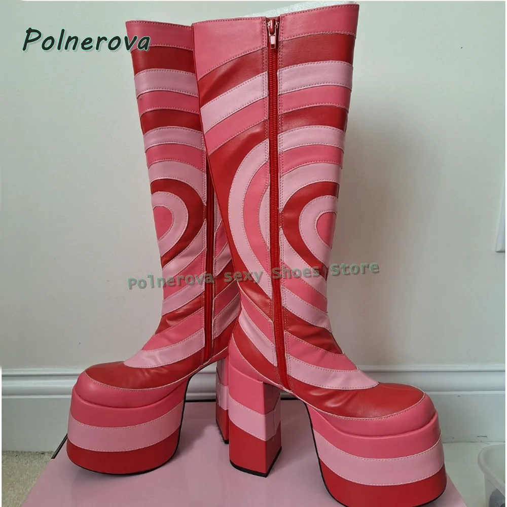 Heart Print Platform Fashion Boots Round Toe Block Heels Mixed Colors Zipper Closure Women Knee High Boots Street Style Trend