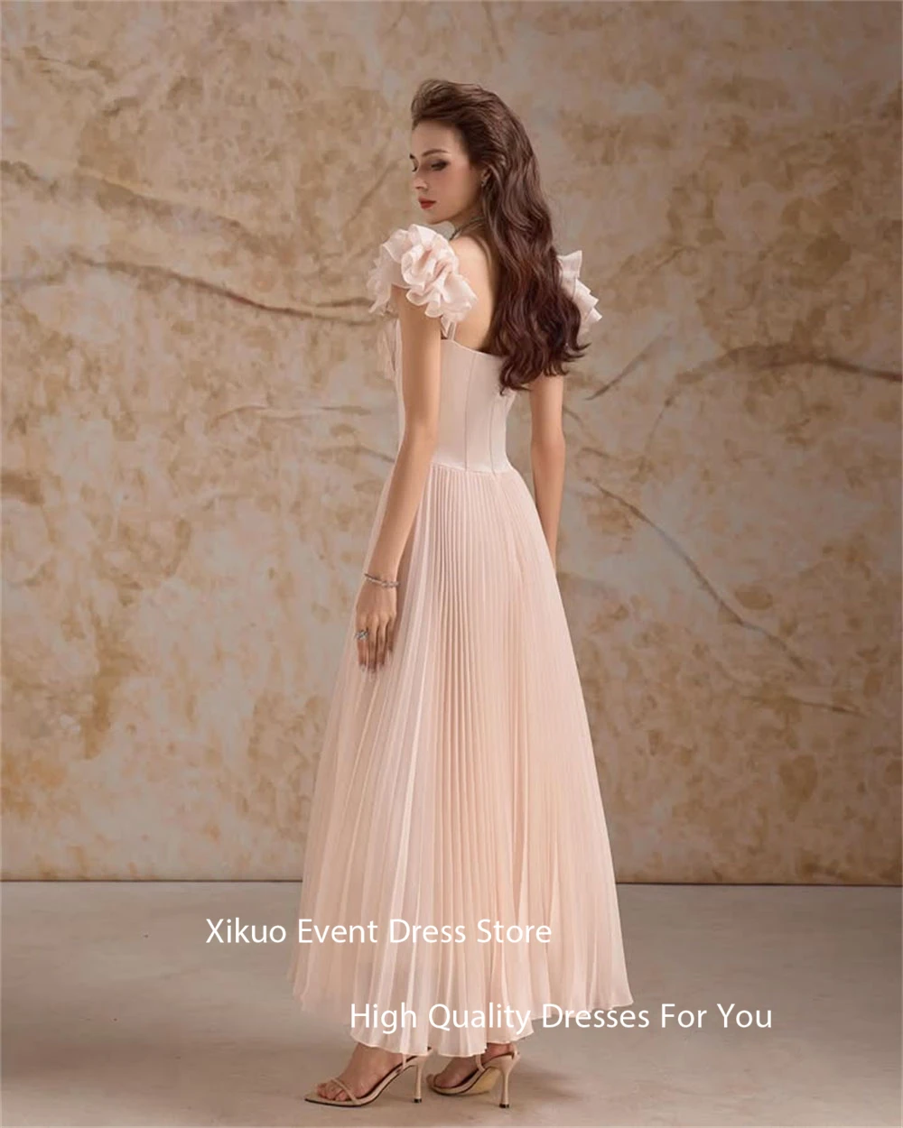 Xikuo fada rosa chiffon vestidos de noite uma linha pescoço quadrado sukienki wieczorowe damskie princesa vestidos de festa plissados personalizados