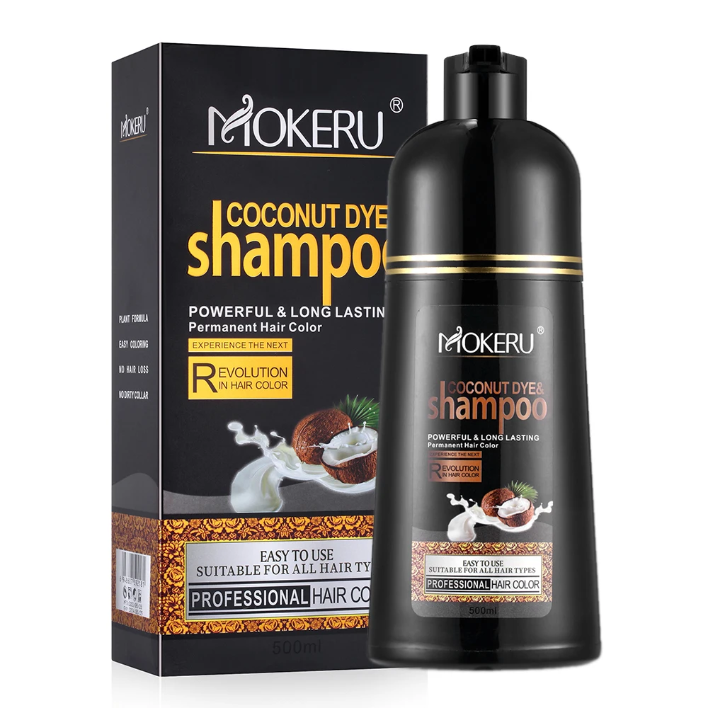 Mokeru 500ml Natural Organic Coconut Black Brown Hair Dye Shampoo 100% Cover Gray Hair Permanent Hair Color Dye Shampoo Women