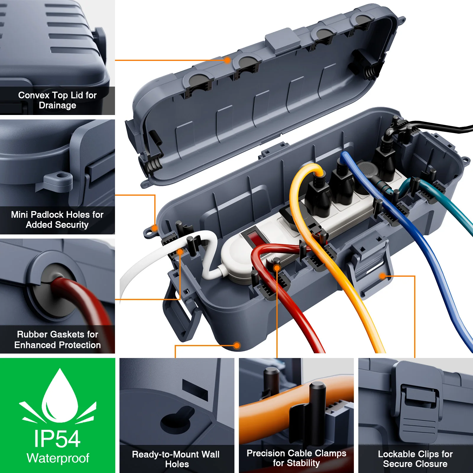 Outdoor Electrical Box Waterproof Extension Cord Cover with 6 Cable Entry Ports Weatherproof Connection Box for Power Strip Plug - view 5
