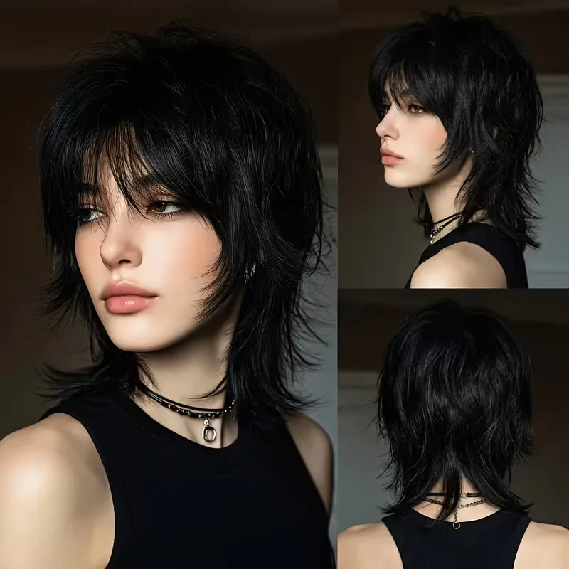 Black wolf-tail for women, Japanese style mullet cut, layered short choppy synthetic hair full wig