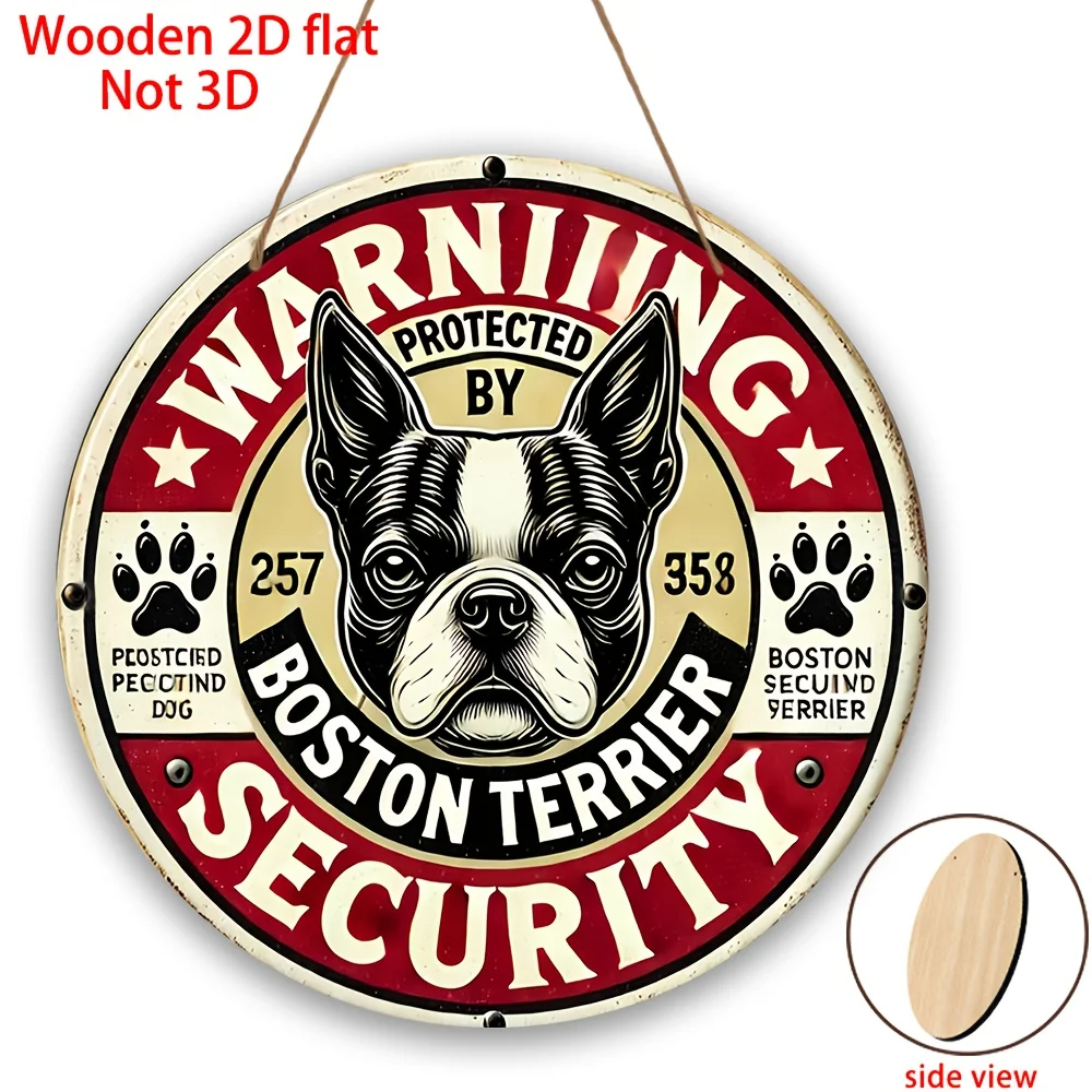 2D Flat, 1pc Boston Terrier Security Sign - Funny Pet Lover Decor with Protected by Boston Terrier Text - Red/Beige/Black Vintag