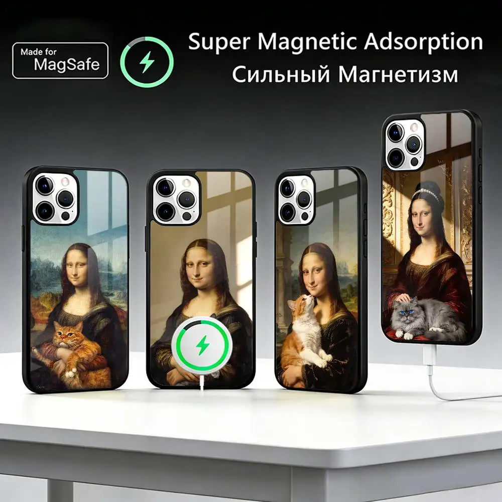 

M-Mona Lisa Pat Cat Art Phone Case For IPhone17 16 15 14 13 12 11 Plus Pro Max Plus Wireless Charger Cover Funda
