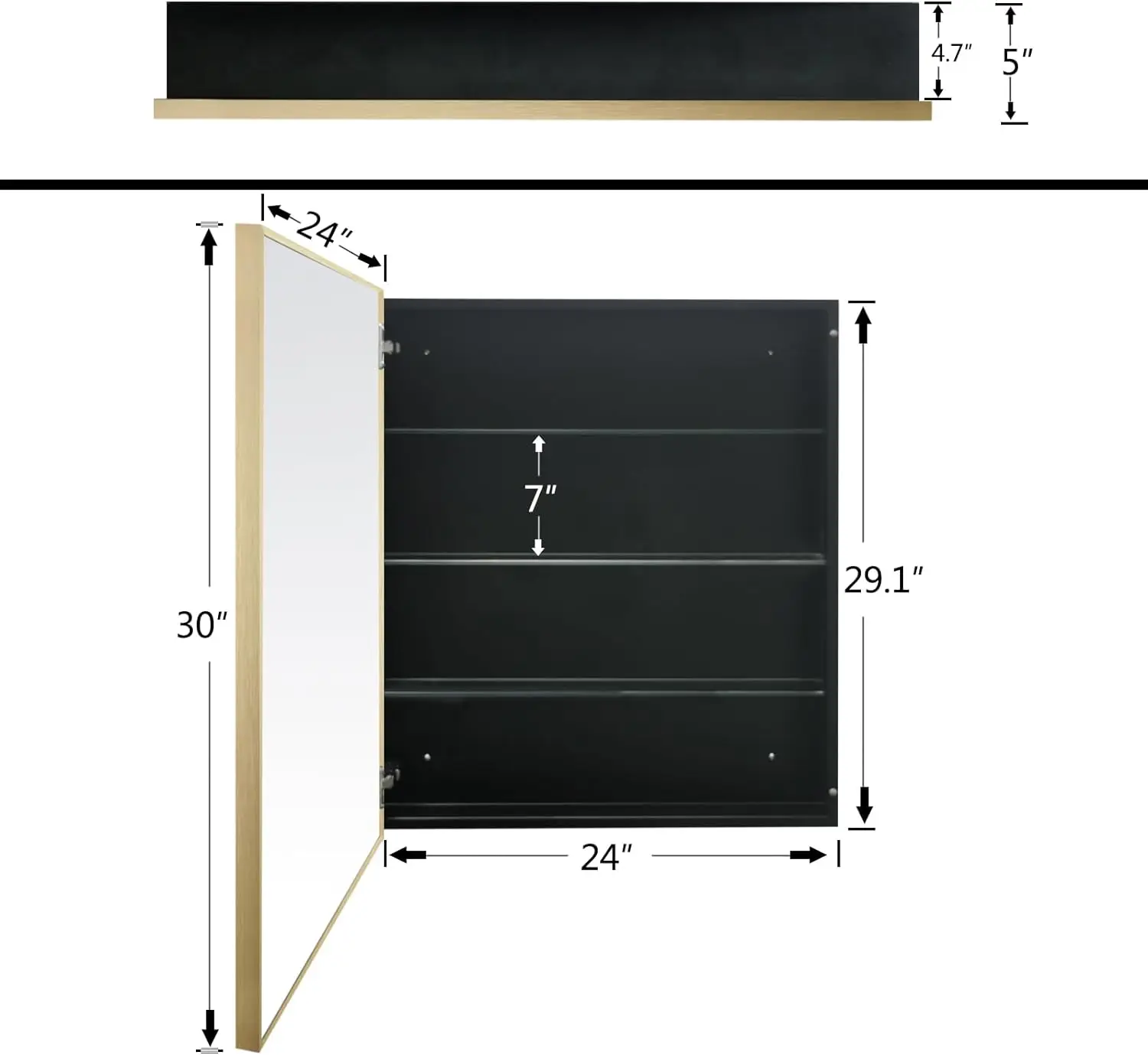 FOMAYKO-Armoire HOMedicine avec miroir encadré en aluminium, miroir de courtoisie à montage en surface, porte unique, or,24 po x 30 po