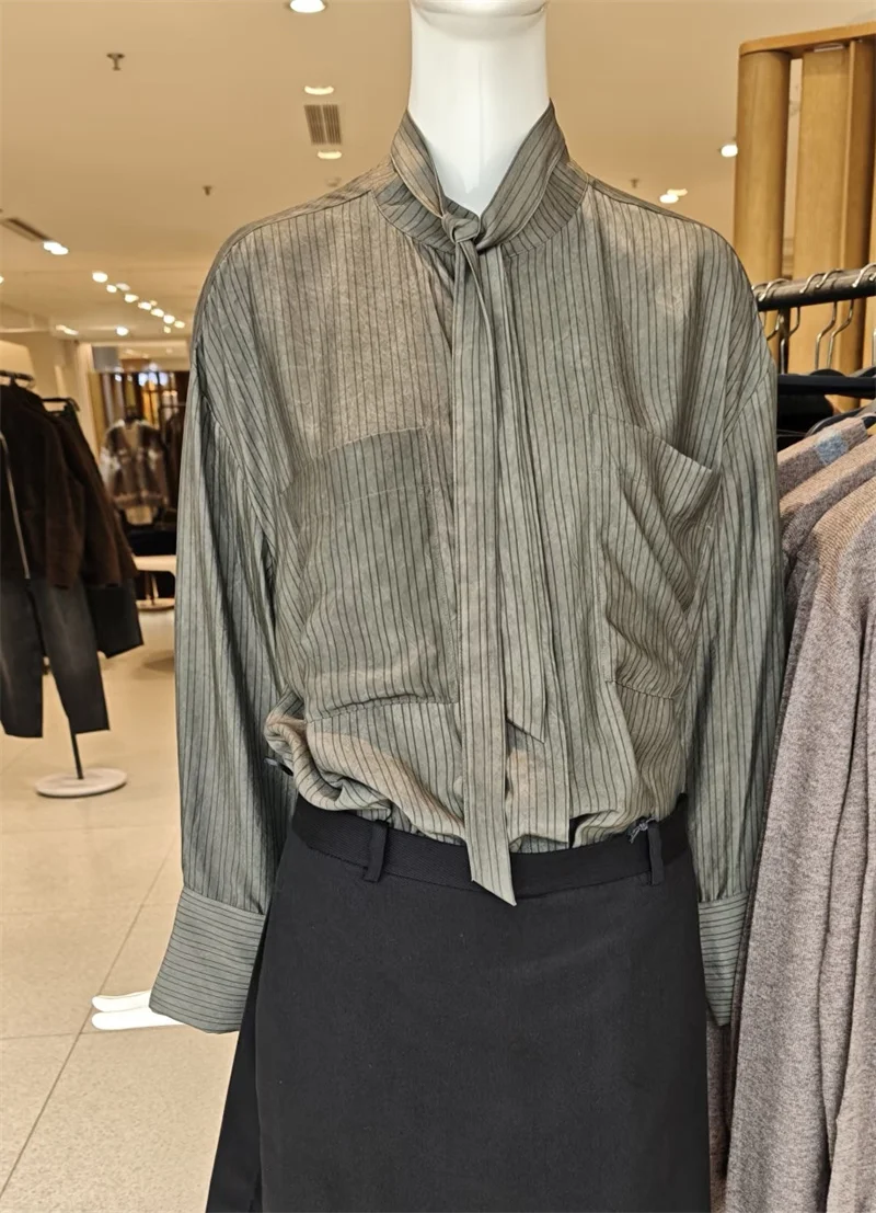 Damen-Hemd 2025, Herbst, neues grau gestreiftes Langarm-Hemd mit Taschendekor und Band, lockere Passform, lässige Mode, Freund