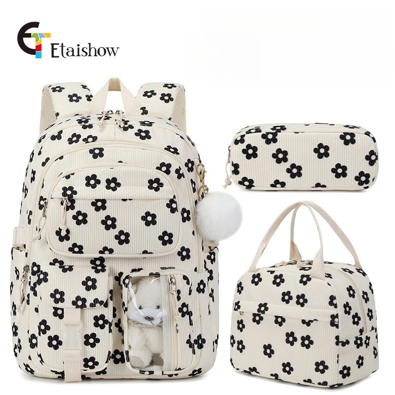3 قطعة حقيبة ظهر للكلية سروال قصير مع حقيبة الغداء مقلمة لطيف فتاة مدرسة الفراولة طباعة حقيبة الكتب Daypack مجموعة للمراهقات النساء