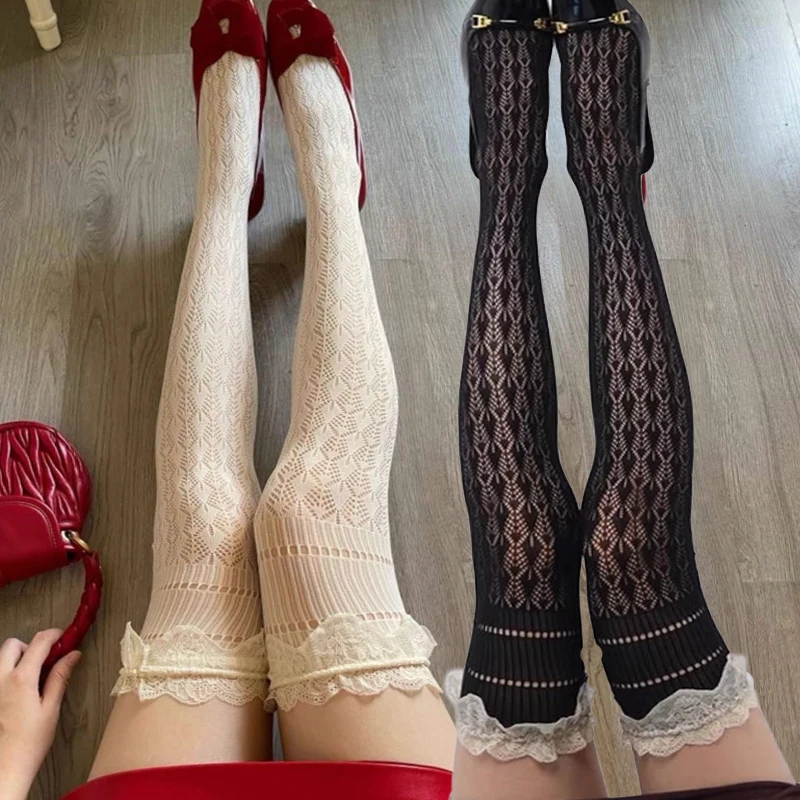 Süße Lolita Ballet Overknee-Strümpfe JK Damen Sexy Transparente Spitzen-Netzstrümpfe Sommer Dünne Weiche Überknie-Strümpfe