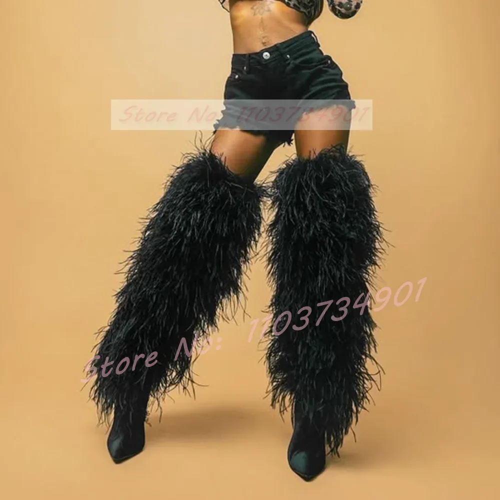 Feather Warm Long Boots Women Sexy Fur Pointy Toe Slip-On Snow High Heels Boots Female Big Size Evening Party Trendy Furry Shoes