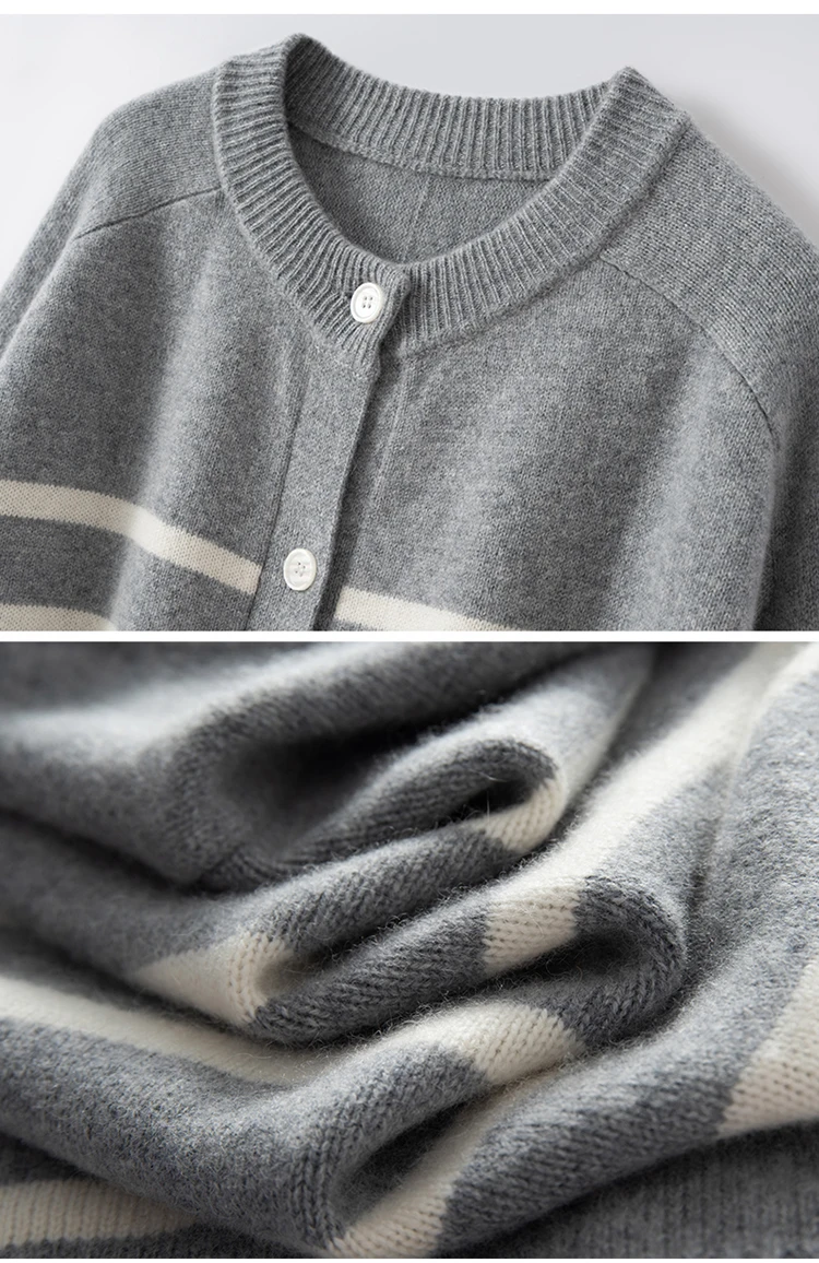 

Women Pure Cashmere Cardigan Strip Sweater Autumn Winter 100% Cashmere Knitwear Preppy Style O-neck Long Sleeve Clothing Top