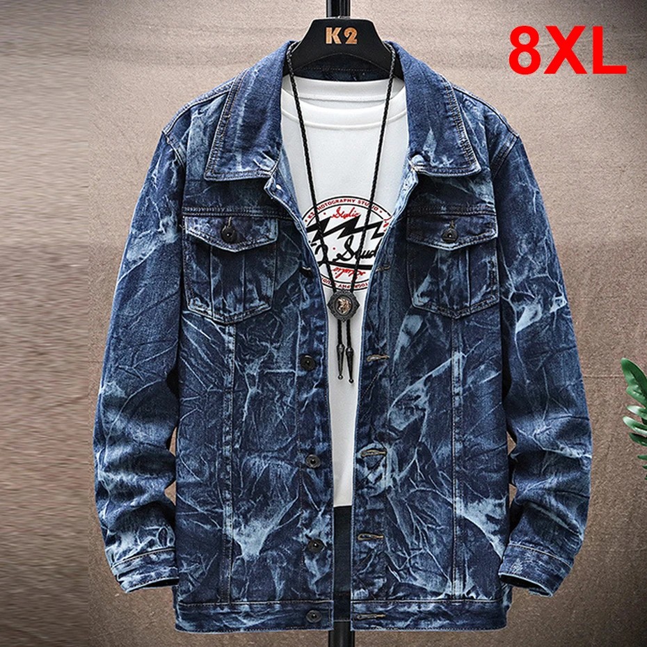 

Plus Size 8XL Denim Jacket Men Tie-dye Jean Jacket Cargo Coat Fashion Casual Denim Coat Male Big Size 8XL