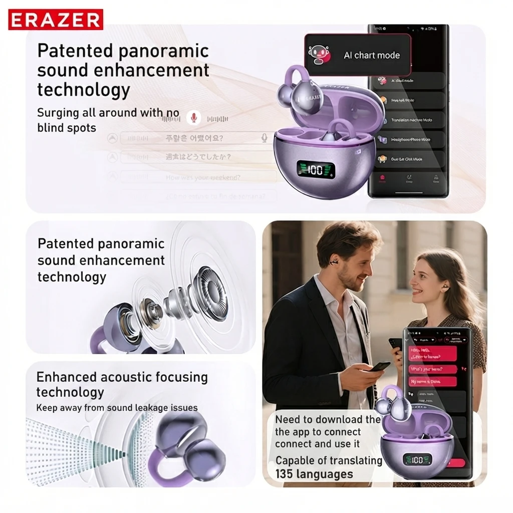 ERAZER XF55 OWS Ear Clip Bluetooth Earbuds AI Translator Open Ear Headphones ENC Noise Cancelling HD Stereo IPX5 Longlife image 2