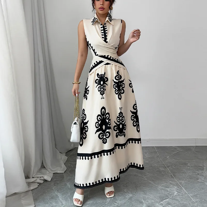 レディース 2025年新作 バケーションスタイル ノースリーブシャツ＆サッシュミディスカート ツーピースドレスセット