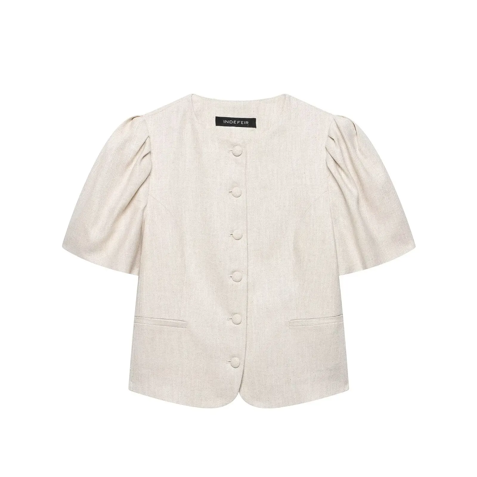 HH 2026 Sommer Herbst Französischer Stil Schlanker Blazer für Damen mit Puffärmeln und Rundhalsausschnitt – Lässige Alltags-, Urlaubs- und Büro-Oberbekleidung – Detail 2