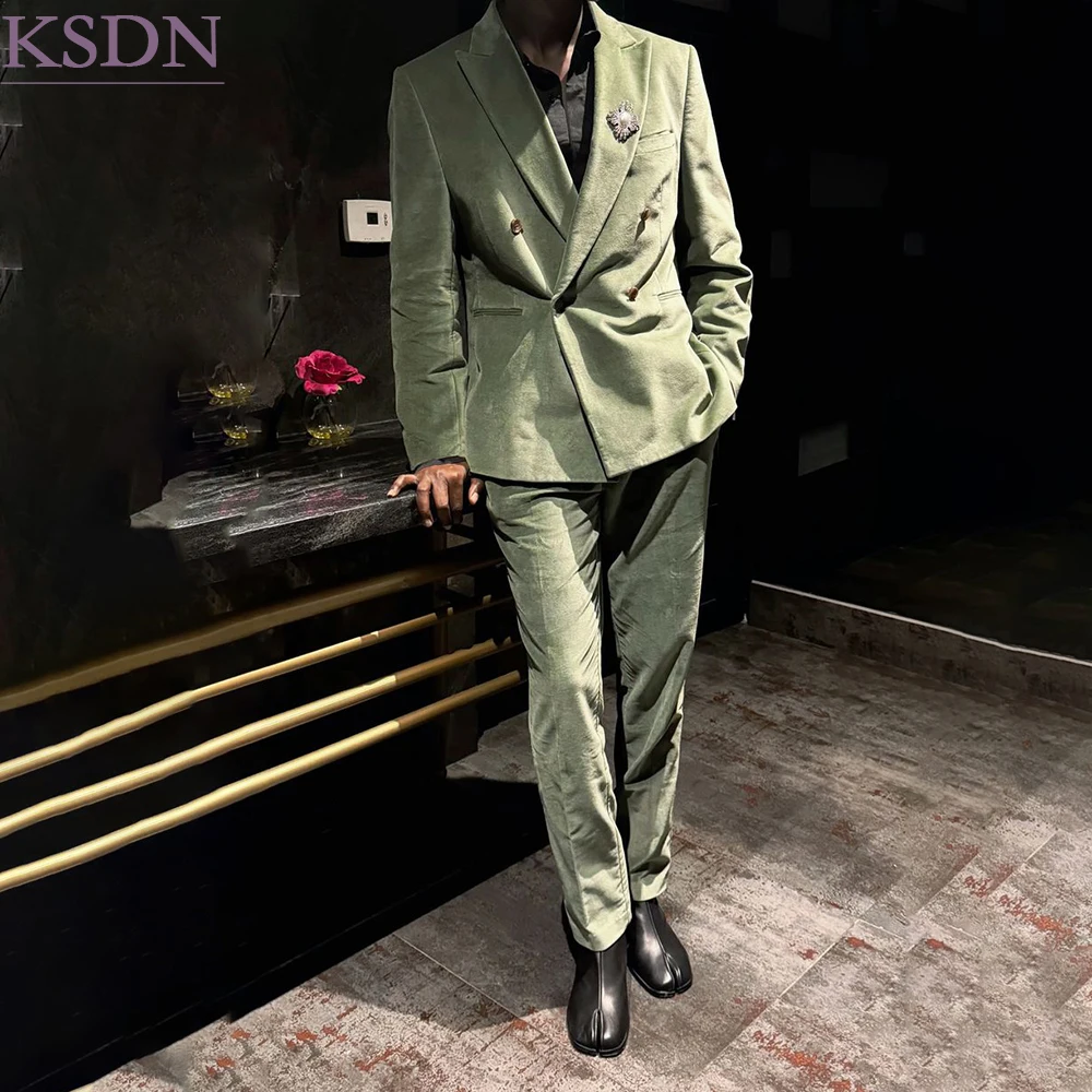 Loose Fit Velvet Men's Suits for Wedding Customized Double Breasetd Peak Lapel Oversized 2 Piece Jacket Pants Outwear Terno