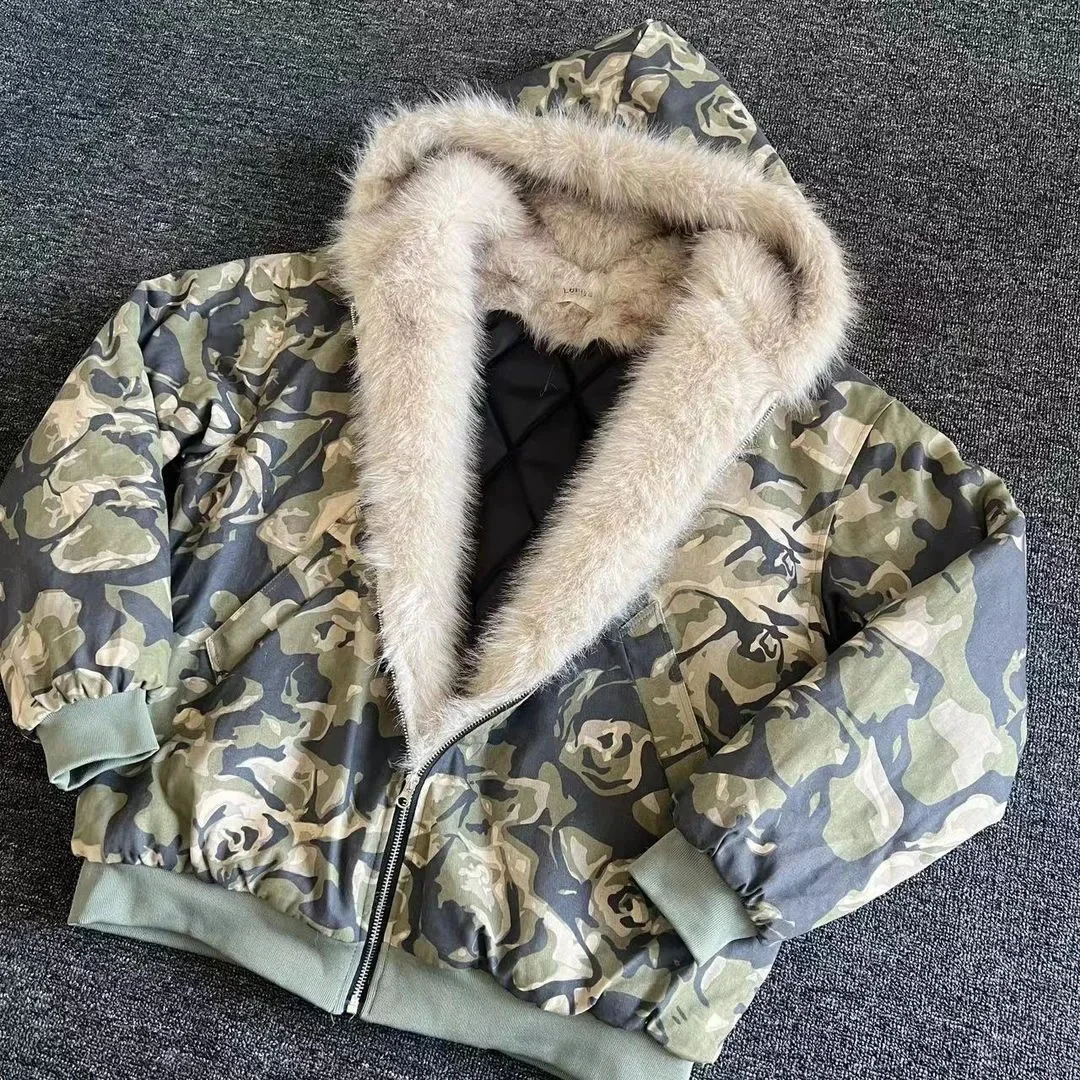 

Hip-hop Print Winter Men Coat New Casual Thick Warm Parka Coat Streetwear Loose Hooded Faux Mink Collar Couple Coat