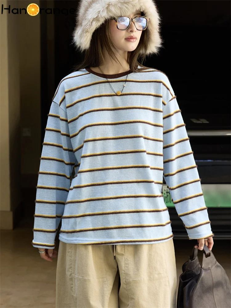 

HanOrange 2025 Autumn Fluffy Blue Stripe T-shirt Women Loose Casual Top Tees