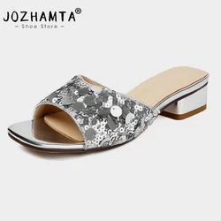 JOZHAMTA Size 33-46 Women Flats Slippers Real Leather Comfort Low Heels Summer Shoes Casual Daily Home Outdoor Slides Sandals