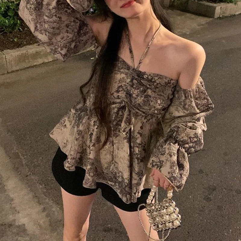 Women Sexy Off Shoulder Backless Halter Drawstring Blouse Spring Summer Trendy Print Chic Shirt Long Sleeve Slim Y2K Tops Blusas