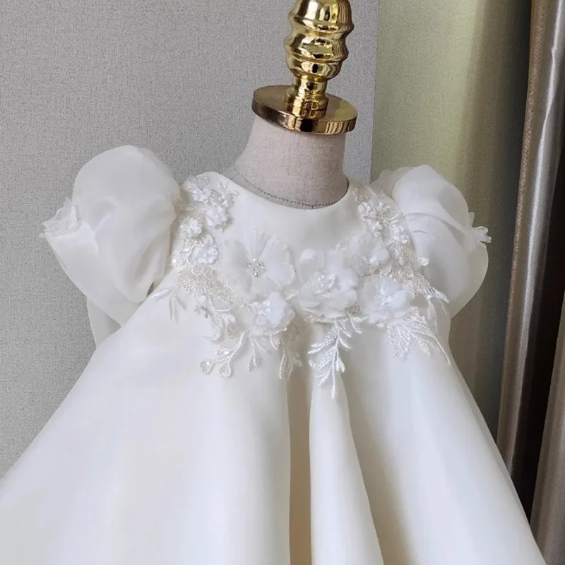 High-End Kids Solid White Organza Tulle Dress Princess Formal Flower Girl Gown for Birthday Party Wedding Pageant