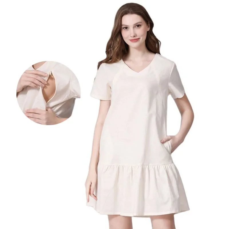 Plus Size Summer Maternity Dress Loose Breastfeeding Dress Solid V-neck Short Sleeve Nursing Lactation Dress for Pregnant Women