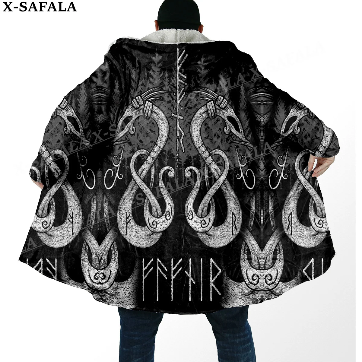 HULINHJALMUR FENRIR'S WRATH Norse Viking Thick Warm Hooded Cloak Men Overcoat Coat Windproof Fleece Cape Robe Hooded Blanket-11