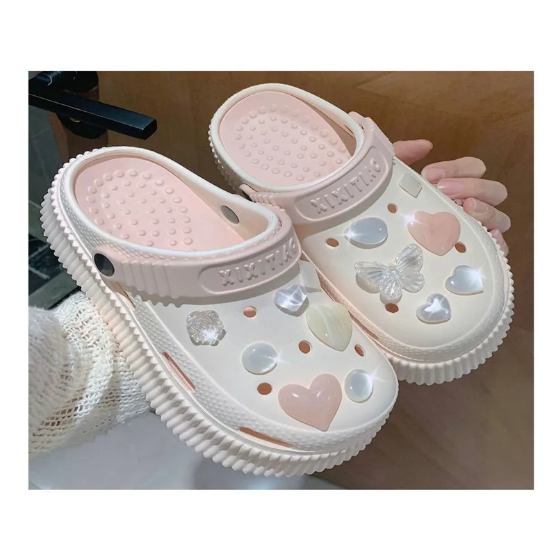 Summer Women's Hole Shoes Thick Sole DIY Water Diamond Love Heart Beach Garden Shoes Soft Sole Anti Slip Sandals Summer Slippers