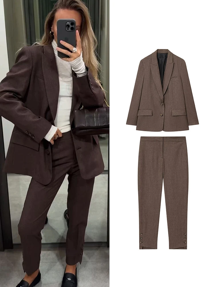 

TFMLN Women’s Suit Pant 2-Piece Set Single Breasted Back Slit Design Blazer Mid Waist Pants Autumn New Casual Office Lady Suit
