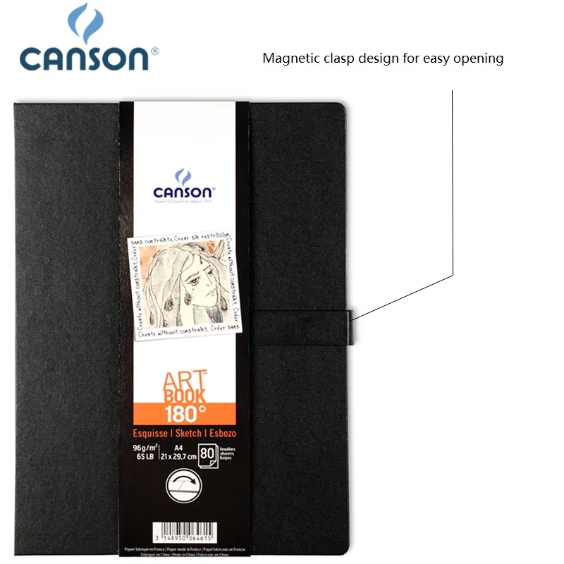 CANSON ART book Art Drawing Book 180℃ Series 96g 80 Sheets Sketchbook Black Hard Case Magnetic Closure Notebook Sketchbook