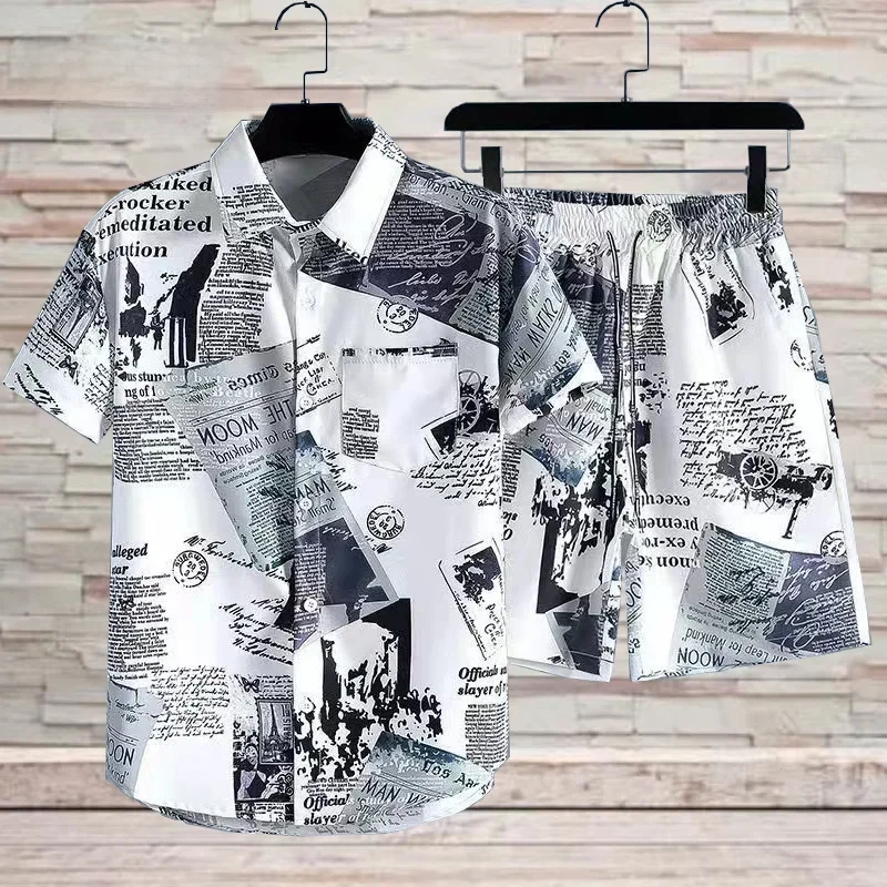 

Men's Hawaiian Shirt Sets 3d Seaside Leisure Graffiti Print Fashion Short Sleeve Shirts+Shorts 2PCS Beach Shirts Suit Sports Gym