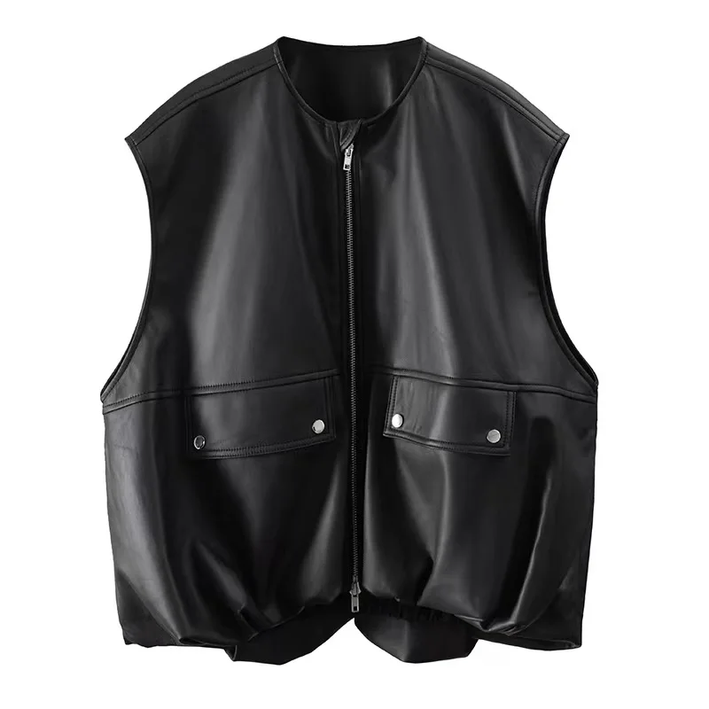 Damen-Weste aus echtem Leder, kurze schwarze Schaffelljacke, lockere Passform, trendiges Oberteil für Frühling und Herbst