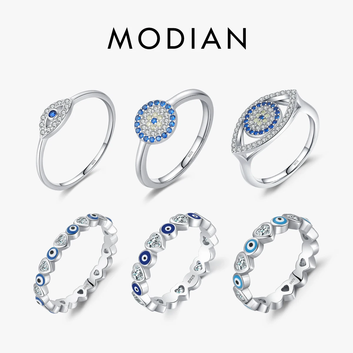 MODIAN 925 Sterling Silver Cute Blue Ghost Eyes Ring Sparkling Clear Cubic Zirconia Dla kobiet Drobna biżuteria Moda Prezent urodzinowy