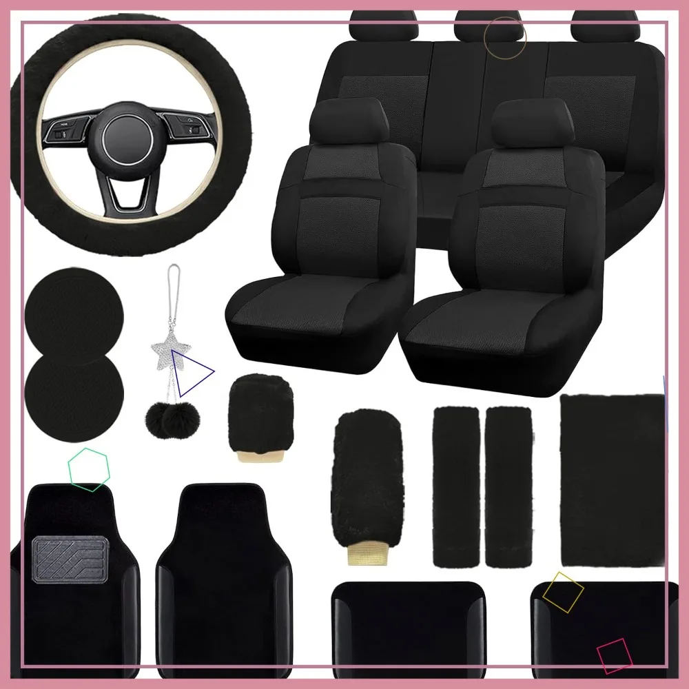 

Universal Car Seat Cover Set with Waterproof Mats, 3D Air Mesh & Fluffy Steering Wheel Cover in Black